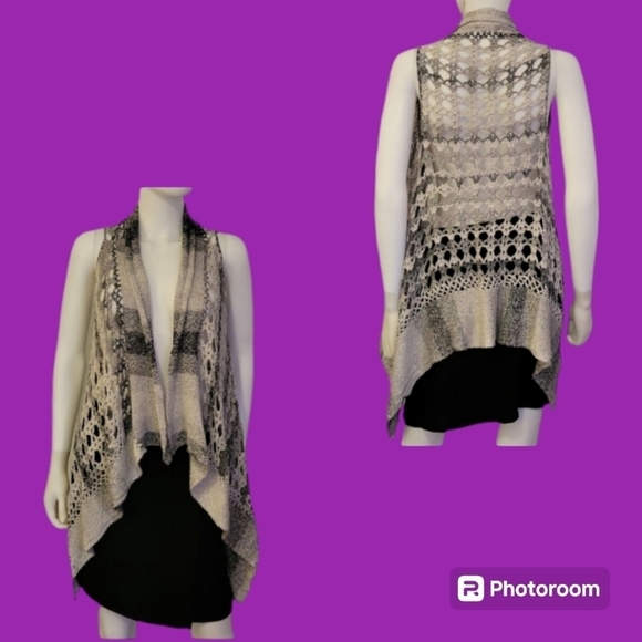 Alberto MAKALI Boho Heather Gray Crochet Open Front Draped Festival Topper Vest - Picture 1 of 8
